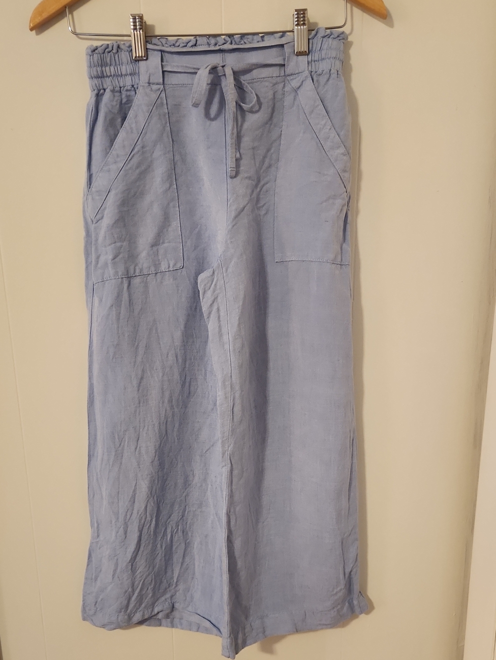 LOFT Light Blue Chambray Wide-Leg Drawstring Linen Pants